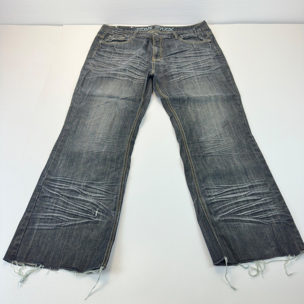 Stone Touch Mens Distressed Dark Wash Straight Leg Jeans W38 L32 Frayed Hem